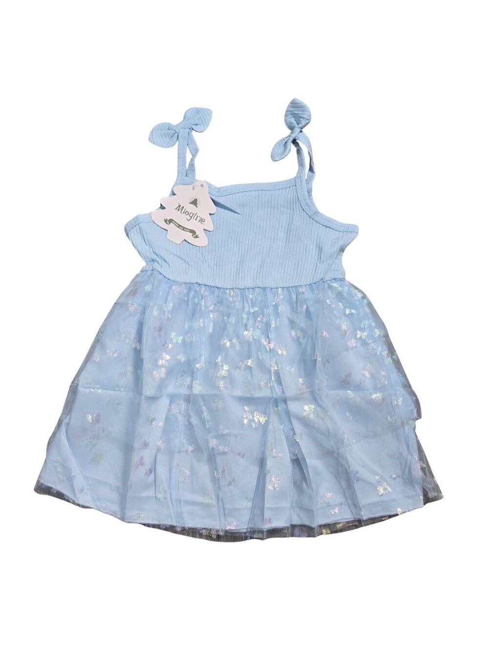 NWT | Baby Girl Blue Ribbed Tie Shoulder Tulle Sparkle Glitter Dress - 18M-24M